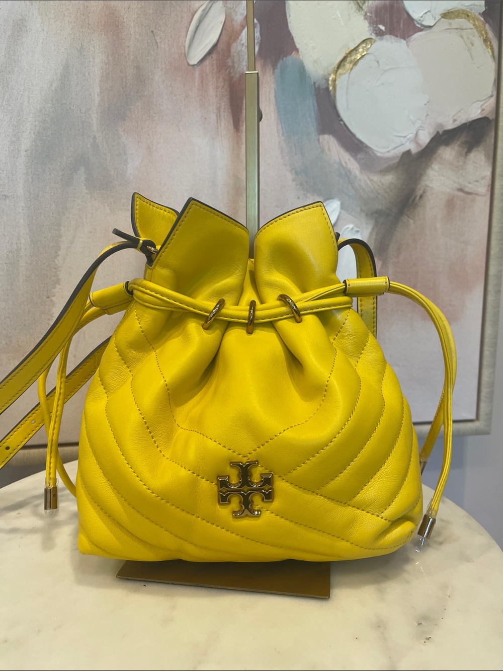 NWOT Tory Burch Yellow Kira Chevron Quilted Drawstring Crossbody Bucket Bag